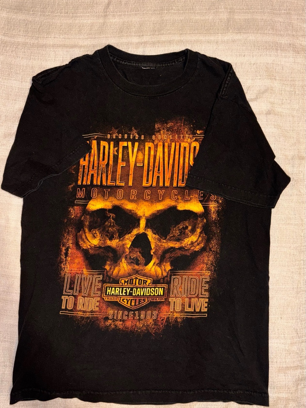 Vintage Harley-Davidson Black Tee with Orange Skull Graphic